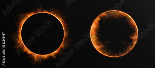 Fire ring, flaming circle, fire glow effect on black background. Vector