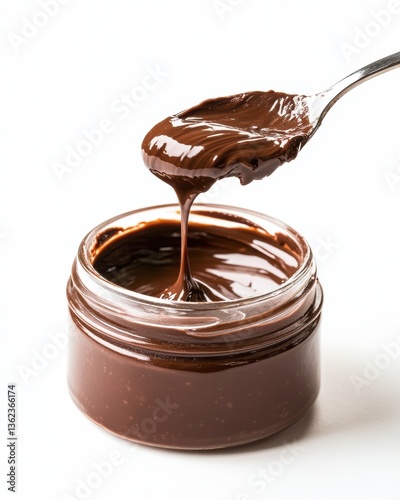 Smooth melted chocolate being scooped with a spoon from a small glass jar for delicious sweet dessert treat