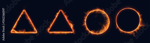 Set of glowing geometric shapes made of fire — triangle and circle with burning edges on dark background. Perfect for fantasy spells, game UI, magic portals, or elemental visual effects.