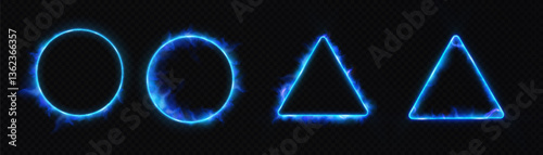 Set of glowing geometric shapes made of fire — triangle and circle with burning edges on dark background. Perfect for fantasy spells, game UI, magic portals, or elemental visual effects.