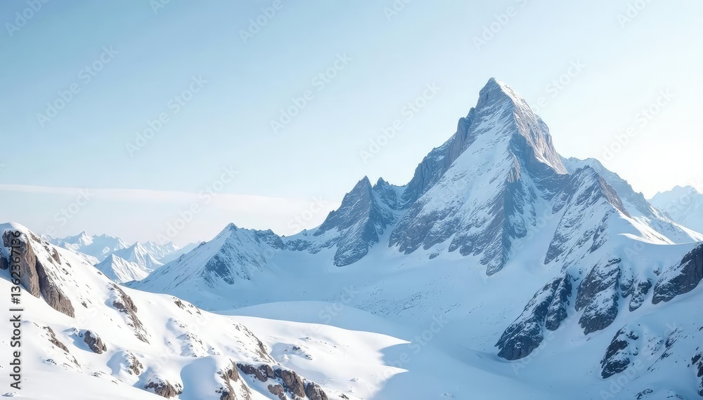 Obraz premium Snow-covered mountain peak against pristine white sky, panorama, peaceful, pure