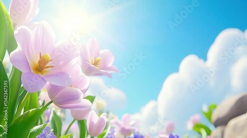 Peaceful pink tulips bask in sunlight against clouds. Spring backdrop for positivity and joy