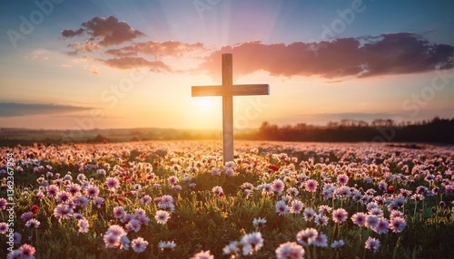 Un campo de flores y un sol naciente enmarcan una cruz distante, simbolizando el renacimiento espiritual y la Resurrección