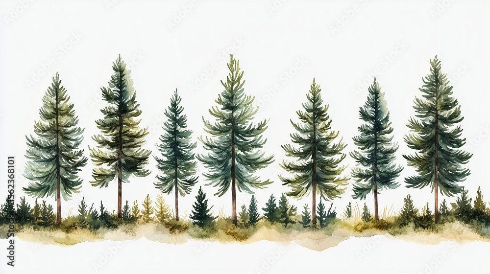 Obraz premium Watercolor pine trees background. Banner with hand painted evergreen forest Snow winter wonderland illustration. Watercolor winter evergreen pine tree isolated on a white background