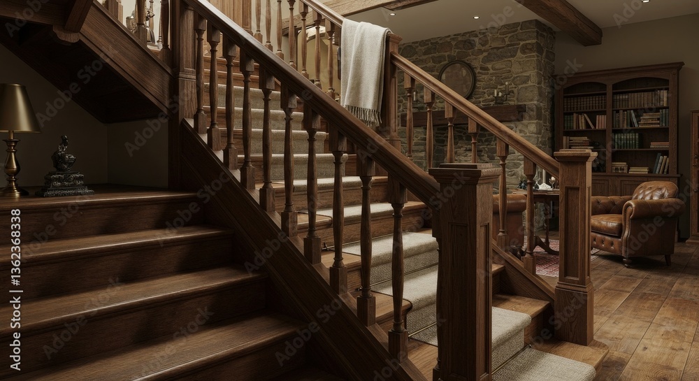 Obraz premium Wooden staircase leads to cozy reading nook in a rustic home setting