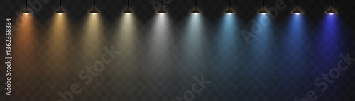 Set of hanging spotlights with colorful beams on transparent background. Ideal for stage lighting, presentation scenes, theater, or product highlight effects.