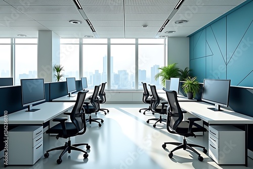 Open-Concept White and Blue Office with Ergonomic Workstations