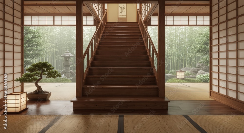 Obraz premium Beautiful wooden staircase in a traditional Japanese house surrounded by a serene garden