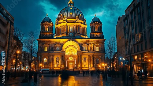 Illuminated Berlin Cathedral at Dusk with People in the Foreground