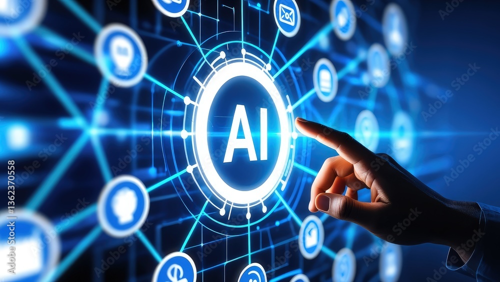 Obraz premium AI business and generative artificial intelligence. Data analysis and robotic processes automation. Businessman touching AI icon on application network system.