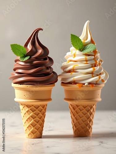 Two Ice Cream Cones with Chocolate and Caramel Toppings, Topped with Mint, Featuring Smooth Soft Serve and Crisp Waffle Cones