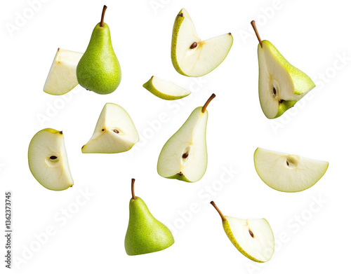 Falling green pear with sliced pears on a white background, png