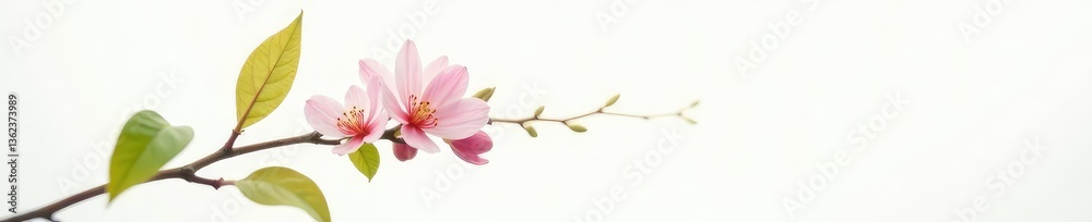 Obraz premium Single stem with leaves and flowers in soft focus on white background, branch, stem