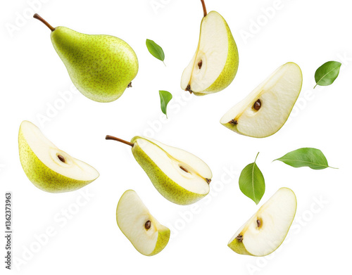 Falling green pear with sliced pears on a white background, png
