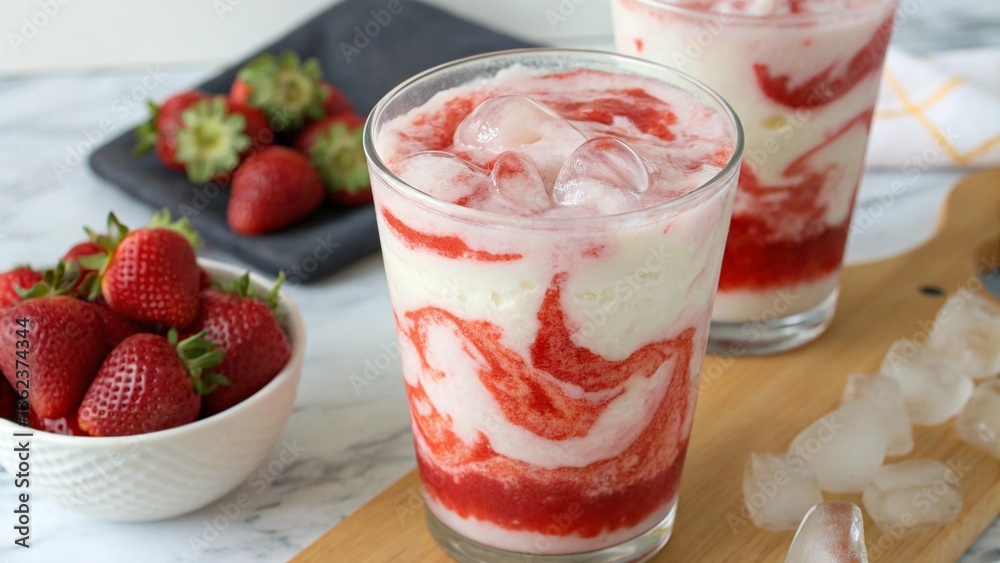 Two glasses of strawberry milk with ice, showcasing a refreshing summer drink.
