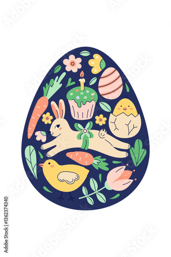 Happy Easter Egg Shape Pattern With Bunny, chicken And Flowers. Greeting hand drawn card on dark background. Flat illustration with partial outline. Vector illustration.