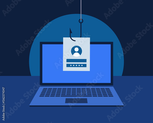 Concept of social engineering, phishing or stealing of private data, private information or password. Laptop with phishing hook and user field with hidden password. Vector illustration.