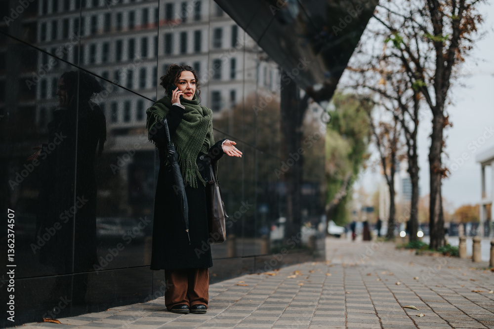 Fototapeta premium A woman dressed in a scarf and coat uses her phone on an urban sidewalk aligned with trees. Her visage reflects a mix of engagement and contemplation amidst the city's dynamic scenery.