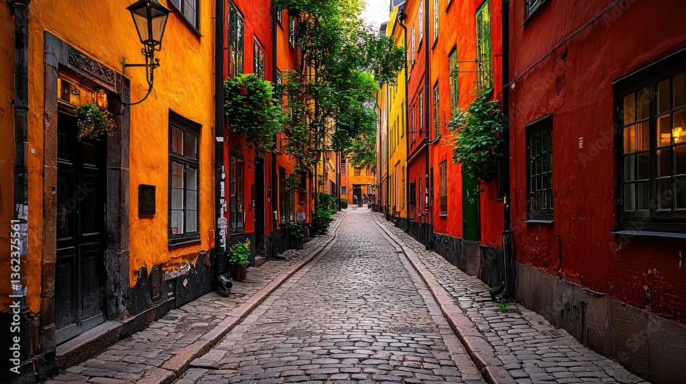 Fototapeta premium Vibrant Cobblestone Street in Stockholm, Sweden