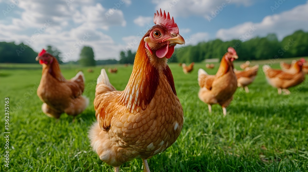 Fototapeta premium Sustainable business concept, A lively hen stands out in a green field with other chickens in the background.