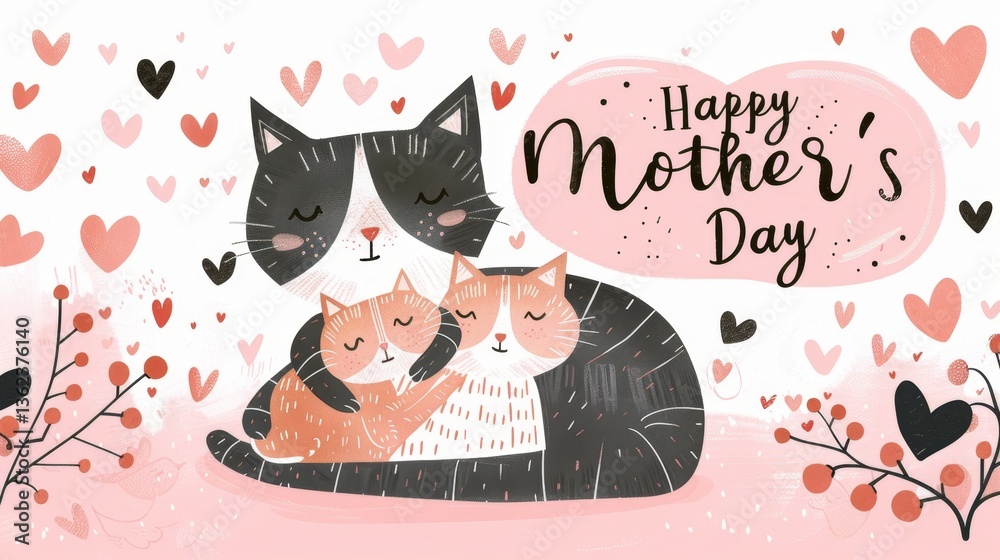 Celebrate love and motherhood with a cheerful Mother's Day greeting card featuring adorable cats and hearts