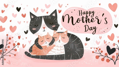 Obraz na płótnie Celebrate love and motherhood with a cheerful Mother's Day greeting card featuring adorable cats and hearts w salonie