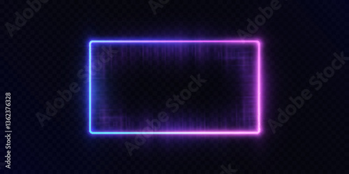 Neon glowing rectangle with violet and pink gradient light on a dark transparent background. Used in futuristic interfaces, digital frames, HUD elements, or cyberpunk visual design.