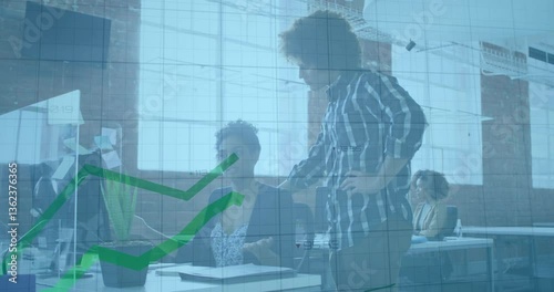 Collaborating in office, business people analyzing financial graph animation on screen