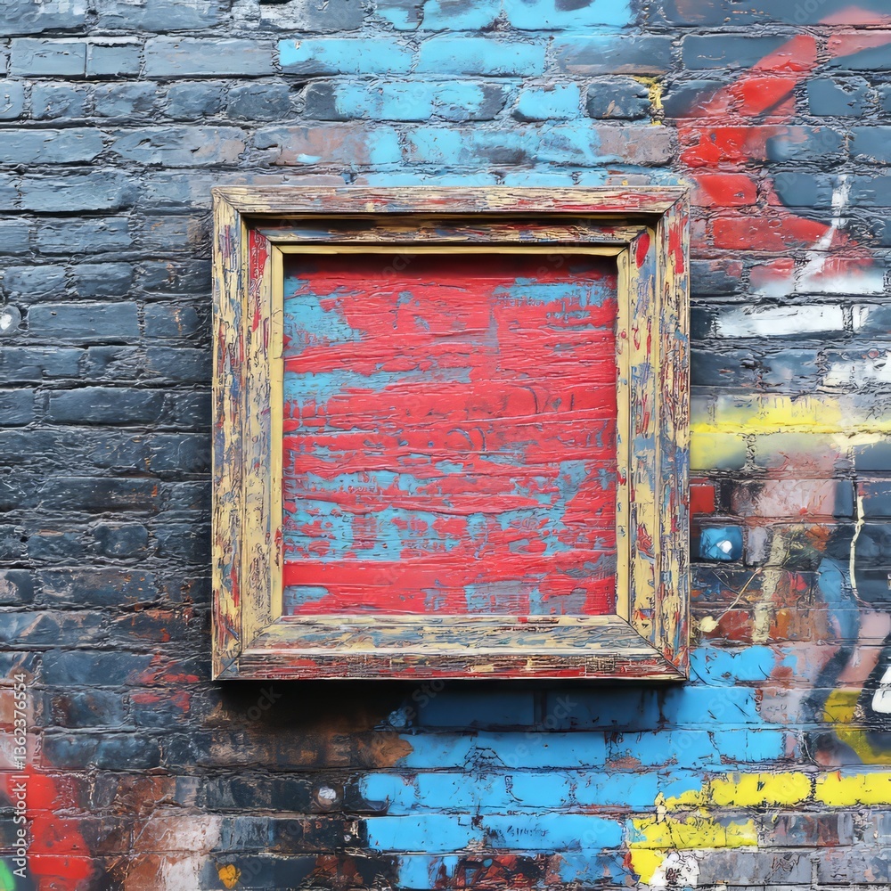 Naklejka premium Empty frame on a graffiti-free section of a graffiti-laden wall, urban art setting