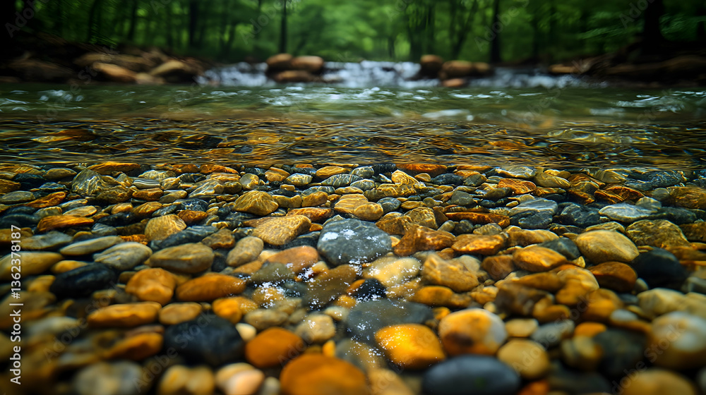 Fototapeta premium A clear stream flows over rocks creating a split view between the underwater stones and forest above merging natures