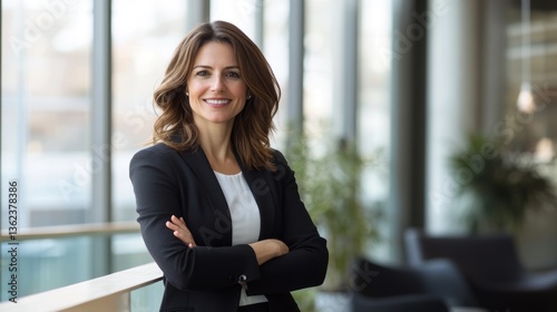 Free Download Confident professional businesswoman in black suit standing in modern office with arms crossed looking strong - GFXLoad