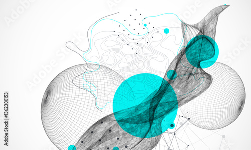 Science fiction background. Abstract image of wireframe wave and sphere with plexus effect.