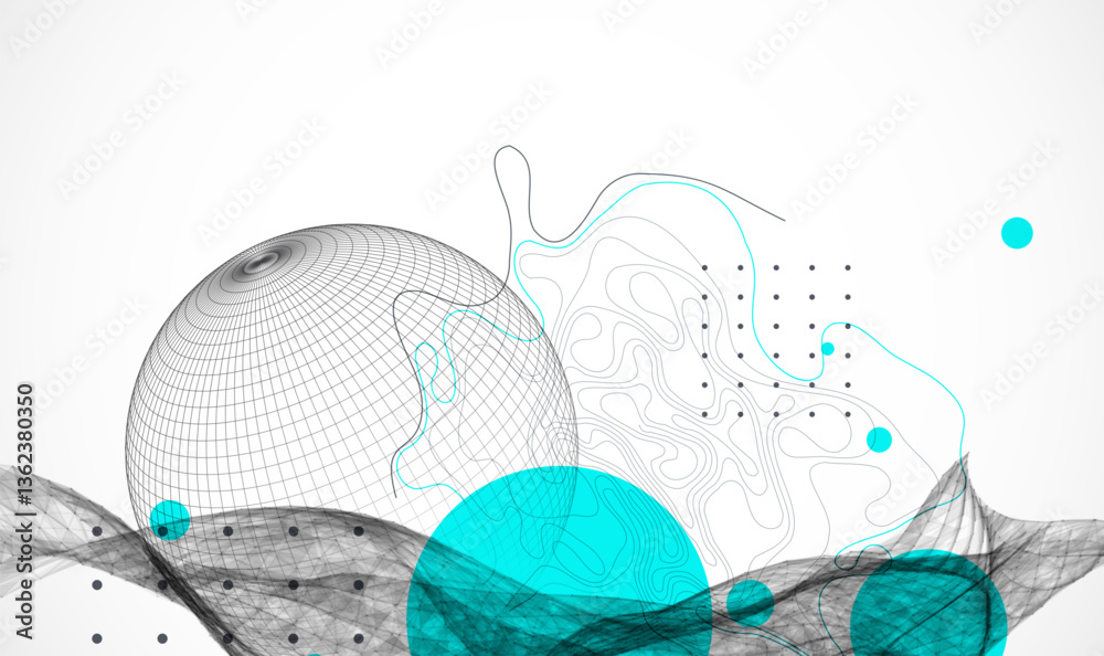 Science fiction background. Abstract image of wireframe wave and sphere with plexus effect.