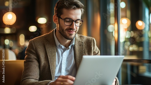 A charming businessman smirking as he reads an interesting email