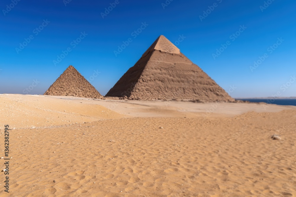 Stunning view of the pyramids in the desert against a clear, expansive sky, capturing the mystical beauty and historical significance of these ancient wonders of the world. Stunning view of the pyramids in the desert against a clear, expansive sky, capturing the mystical beauty and historical significance of these ancient wonders of the world.