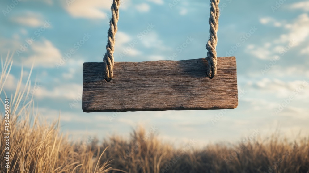 Wooden sign suspended by rope supports.