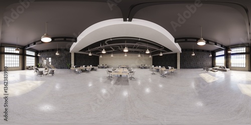 Full spherical hdri panorama 360 degrees of empty exhibition space. backdrop for exhibitions and events. Tile floor. Marketing mock up. 3D render illustration	