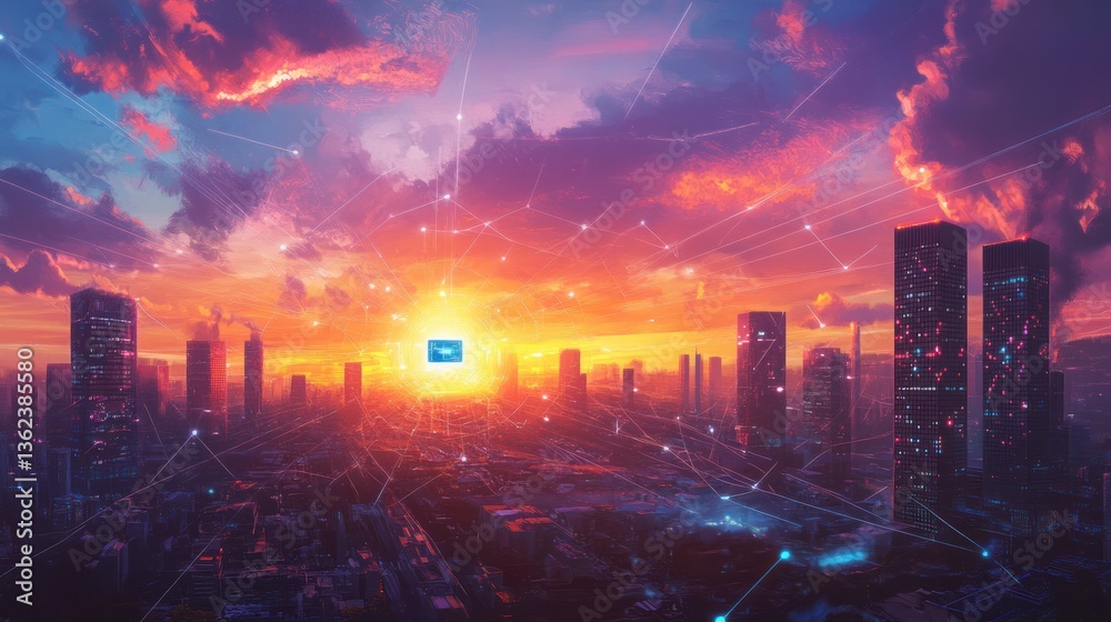 Fototapeta premium Futuristic city sunset network