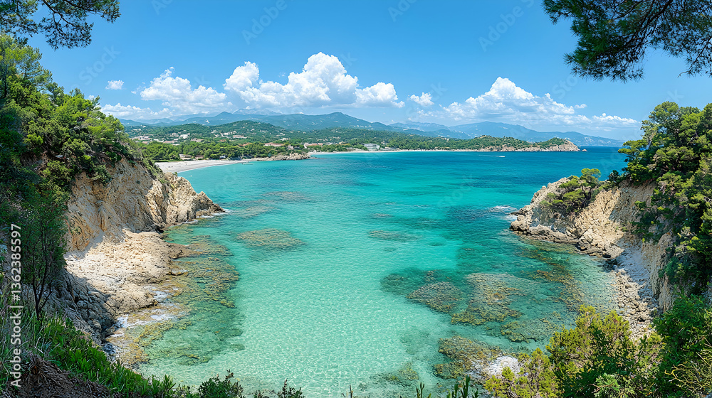 A picturesque beach scene with rocky cliffs turquoise water and lush vegetation under a bright sky with fluffy clouds A picturesque beach scene with rocky cliffs turquoise water and lush vegetation under a bright sky with fluffy clouds
