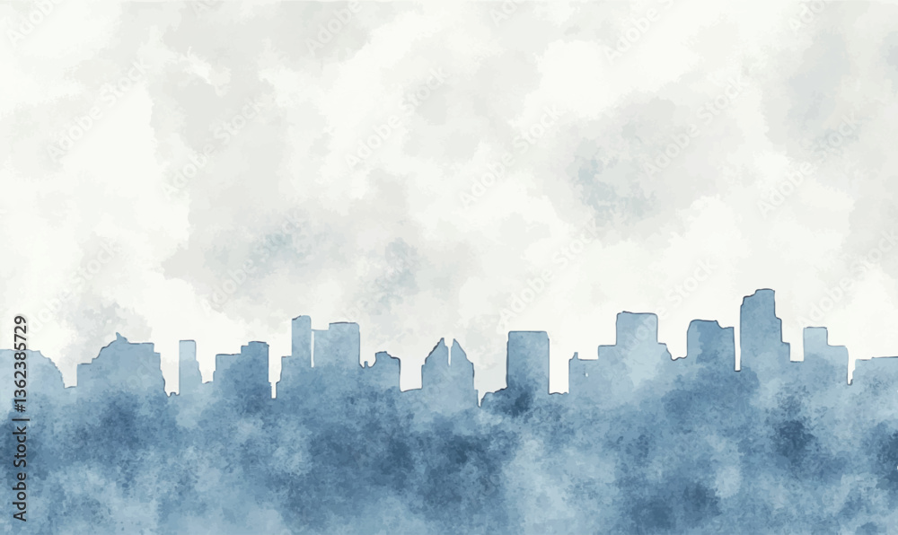 Fototapeta premium beautiful watercolor scene of a city skyline at twilight, with the sky transitioning from day to night in a blend of soft colors, building city watercolor 