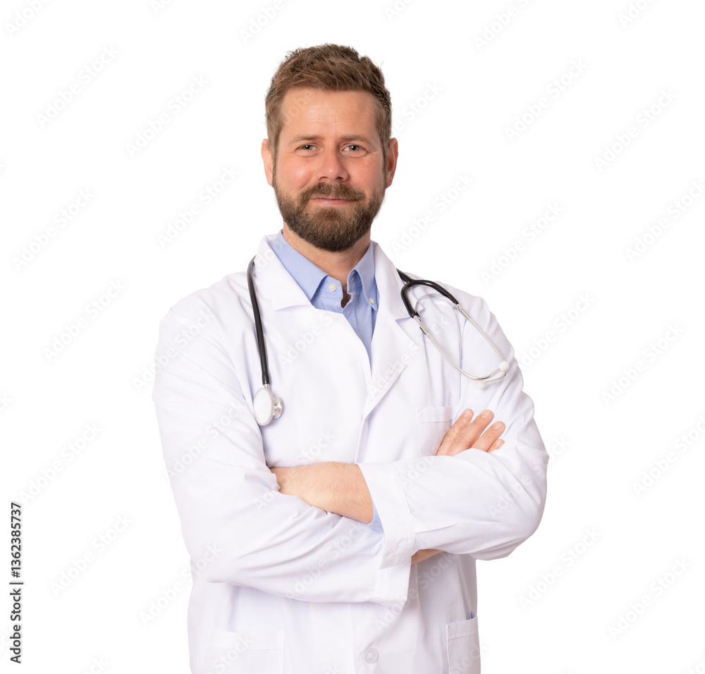 Young smiling beard doctor man standing with arms folded isolated over transparent background. PNG transparent Young smiling beard doctor man standing with arms folded isolated over transparent background. PNG transparent