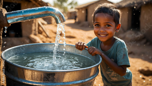 Smiling young boy filling a metal bucket with clean water from a tap, showcasing access and joy
