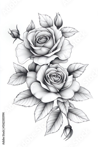 Wallpaper Mural Delicate monochrome rose bouquet.  Detailed illustration of two roses with buds and leaves.  Elegant and classic floral design Torontodigital.ca