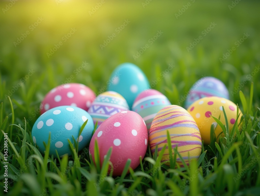 Close-up view of the colourful eggs lying on the green grass in the garden. Easter concept. Close-up view of the colourful eggs lying on the green grass in the garden. Easter concept.