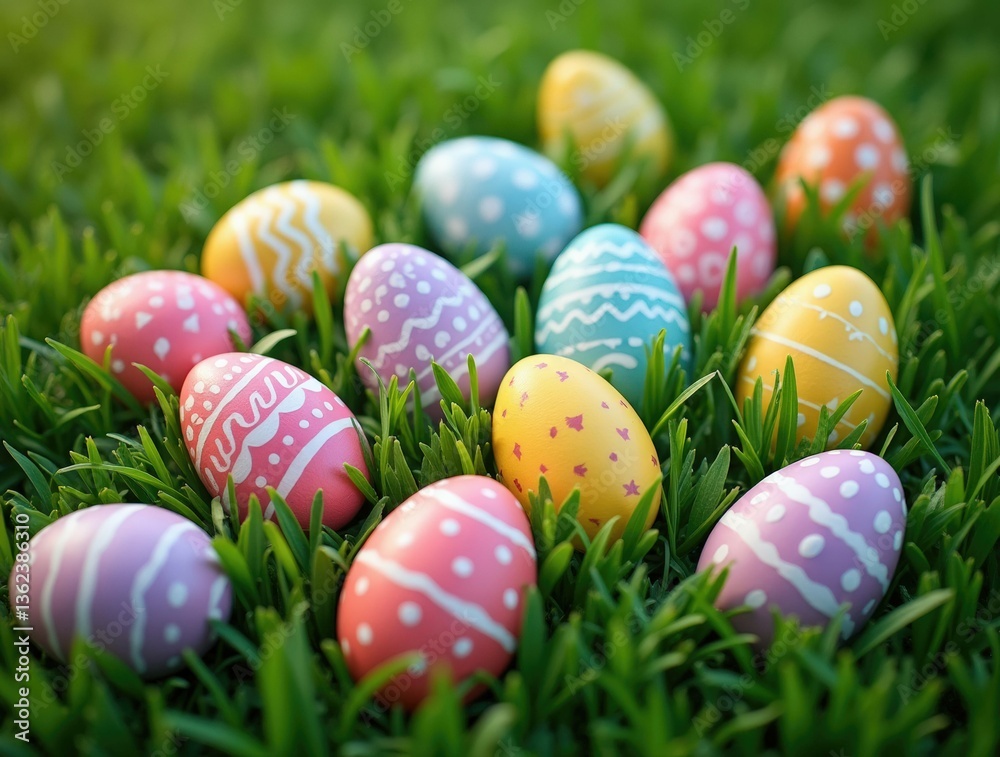 Close-up view of the colourful eggs lying on the green grass in the garden. Easter concept. Close-up view of the colourful eggs lying on the green grass in the garden. Easter concept.