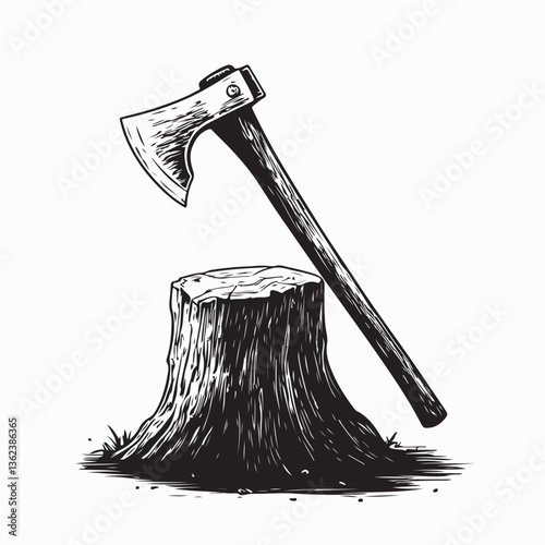 Single Axe Standing Against a Tree Stump in a Classic Vector image isolated on white background.