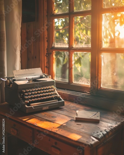 Vintage Typewriter in Warm Light: An old typewriter sits on a weathered wooden desk, bathed in warm sunlight streaming through a window. The scene evokes nostalgia and the timeless craft of writing.
