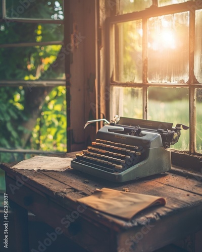 Vintage Typewriter: A vintage typewriter sits on an old wooden desk by a window with sunlight streaming through. This image captures the essence of nostalgia and creativity.