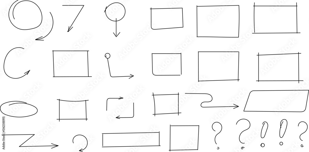 Obraz premium Hand drawn arrows, highlight, line sketch text underline strokes and emphasis marks. Set of Sketches of arrows, ellipse, rectangle, oval and mark. Collection of Doodle graffiti bubble draft shapes