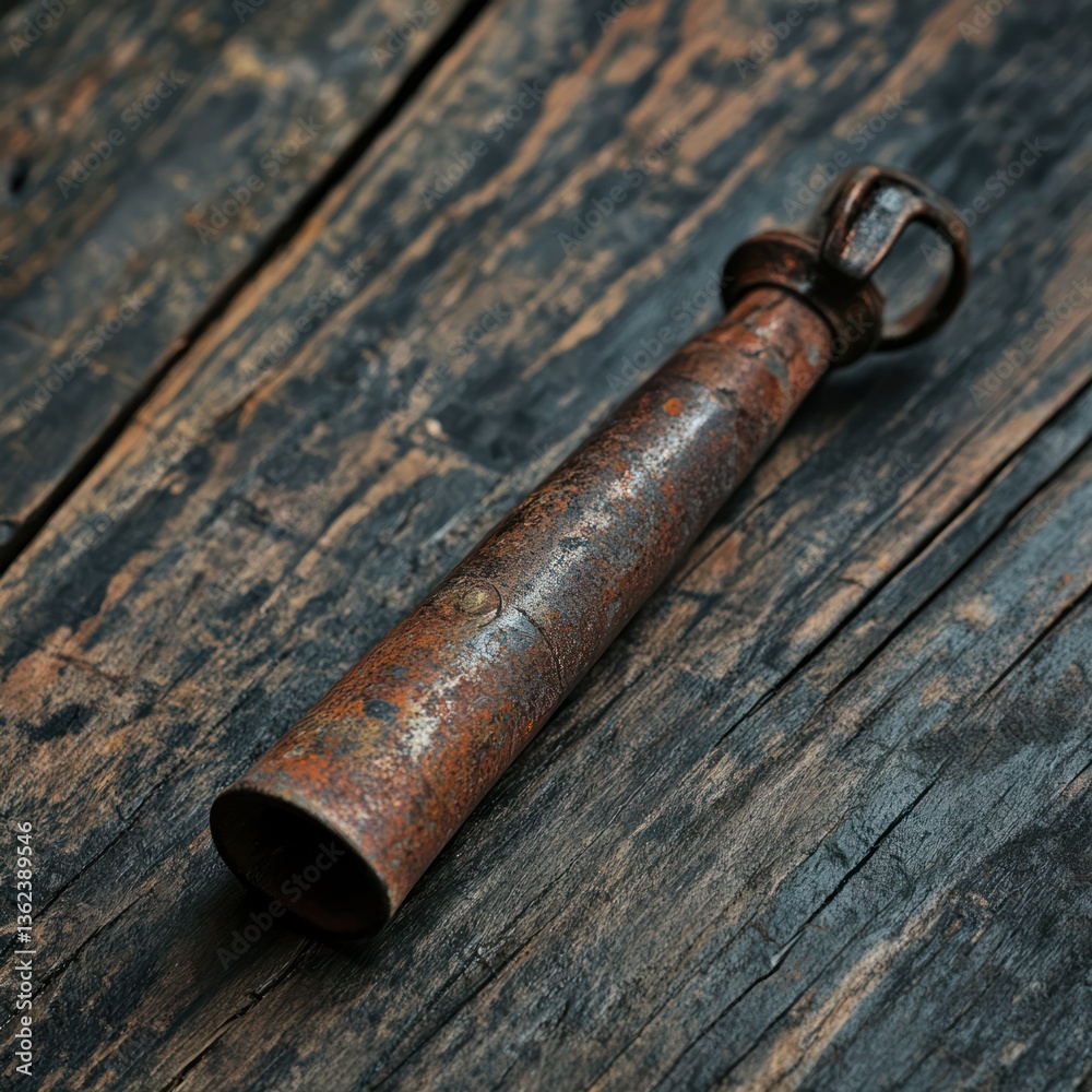 Obraz premium Rusty metal pipe fitting on wooden surface